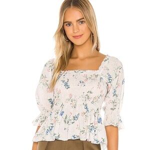 Saylor Clover Floral Smocked Peplum Top Pink 3/4 Puff Sleeves Ruffle Size Small